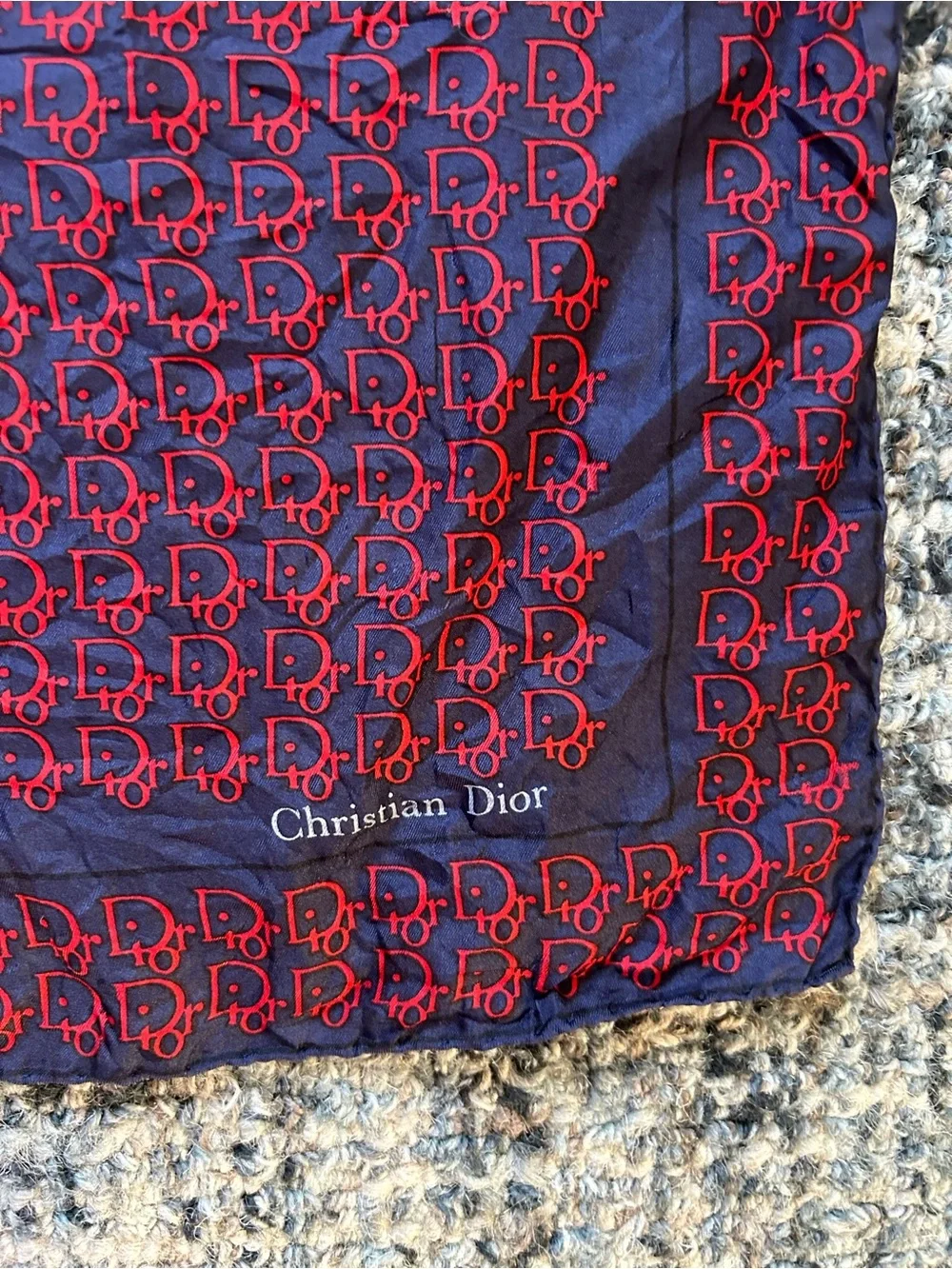 ·Christian Dior· Vintage Navy and Red Silk Logo Scarf